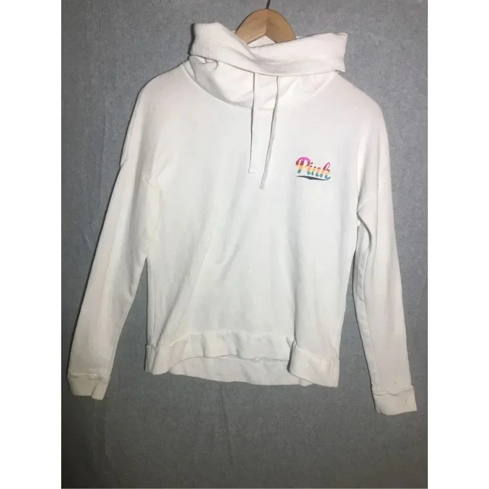 Womens Pink Victorias Secret Sweater Cowl Neck White Rainbow Logo Casual - Picture 1 of 6